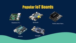 Popular IoT Boards
BananaPiRaspberry Pi 3
Arduino
OrangePi
Nvidia Jetson Nano
 