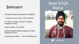 Ajeet Singh
Raina
@ajeetsraina
Principal Development Engineer at DellEMC
1st half of my career was in CGI & VMware
2nd half of my career has been in System
Integration Testing
Docker Captain (since 2016)
Docker Bangalore Meetup Organizer ( 8500+
Registered Users)
DockerLabs Incubator ~ 1100+ Slack Members
$whoami
 