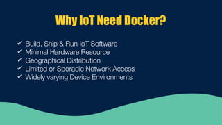 Why IoT Need Docker?
 Build, Ship & Run IoT Software
 Minimal Hardware Resource
 Geographical Distribution
 Limited or Sporadic Network Access
 Widely varying Device Environments
 
