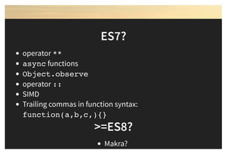 Źródło obrazka: http://www.successfulworkplace.org/wp-content/uploads/2013/05/the-future.jpg
ES7?ES7?
operator **
async functions
Object.observe
operator ::
SIMD
Trailing commas in function syntax:
function(a,b,c,){}
>=ES8?>=ES8?
Makra?
 