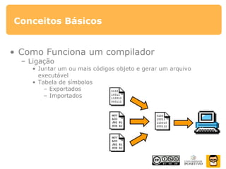 Conceitos Básicos
• Como Funciona um compilador
– Ligação
• Juntar um ou mais códigos objeto e gerar um arquivo
executável
• Tabela de símbolos
– Exportados
– Importados
 