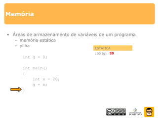 Memória
• Áreas de armazenamento de variáveis de um programa
– memória estática
– pilha
int g = 0;
int main()
{
int x = 20;
g = x;
}
ESTÁTICA
100 (g) 0
PILHA
200 (x) 20
20
 