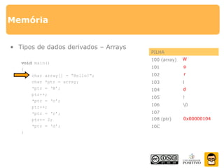 Memória
• Tipos de dados derivados – Arrays
void main()
{
char array[] = “Hello!”;
char *ptr = array;
*ptr = ‘W’;
ptr++;
*ptr = ‘o’;
ptr++;
*ptr = ‘r’;
ptr+= 2;
*ptr = ‘d’;
}
PILHA
100 (array) H
101 e
102 l
103 l
104 o
105 !
106 0
107
0x00000100108 (ptr)
10C
W
0x000001010x00000102
o
r
d
0x00000104
 