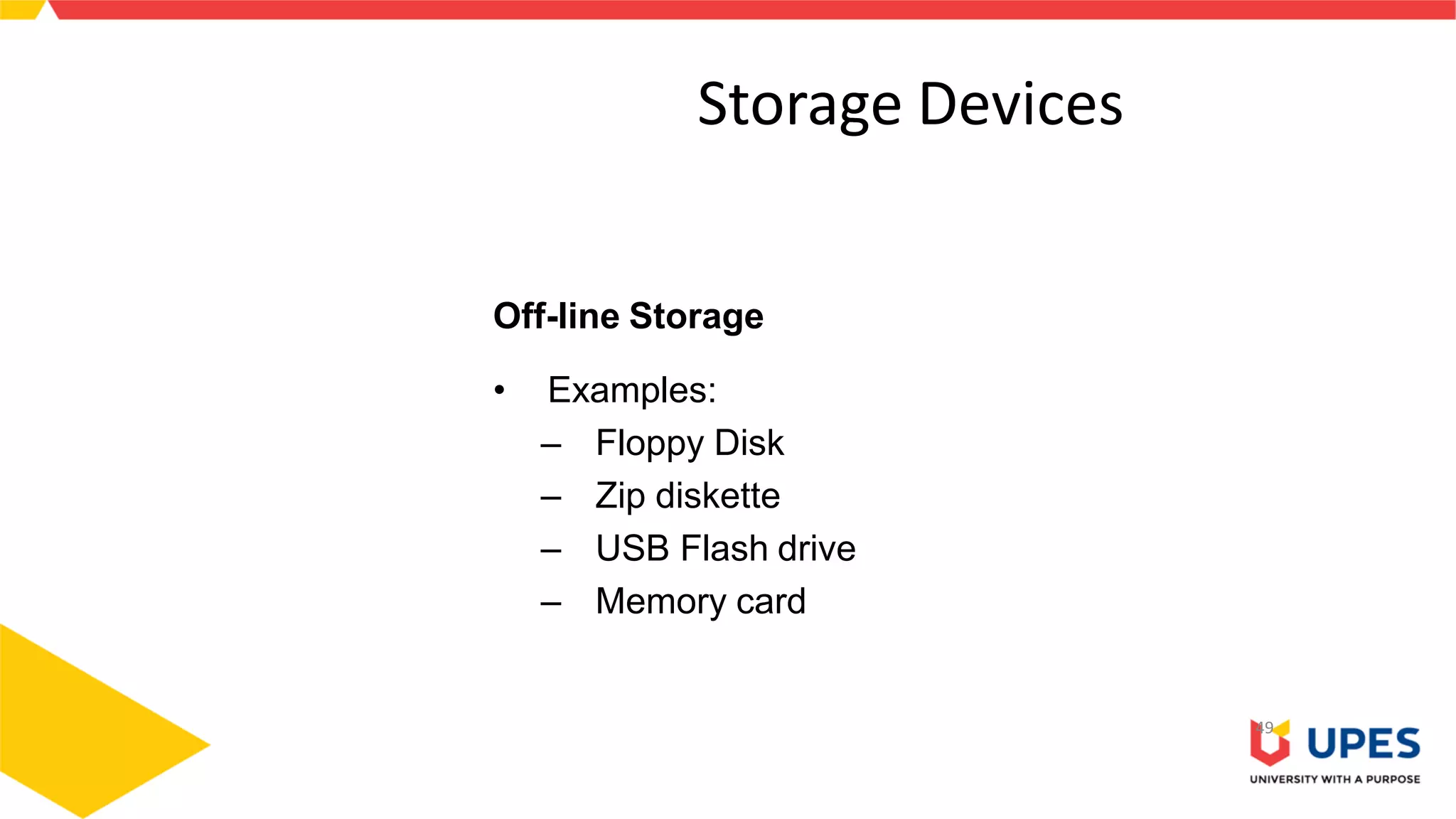 Storage Devices
49
Off-line Storage
• Examples:
– Floppy Disk
– Zip diskette
– USB Flash drive
– Memory card
 