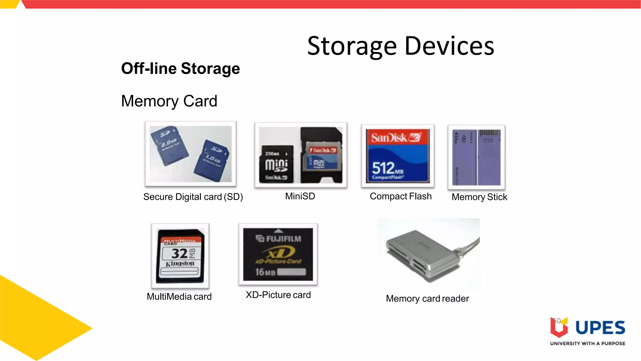 Storage Devices
50
Off-line Storage
Memory Card
Secure Digital card (SD) MiniSD Compact Flash Memory Stick
MultiMedia card XD-Picture card Memory card reader
 