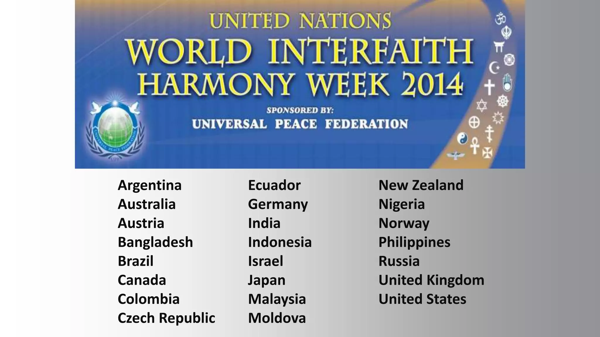 Argentina
Australia
Austria
Bangladesh
Brazil
Canada
Colombia
Czech Republic
Ecuador
Germany
India
Indonesia
Israel
Japan
Malaysia
Moldova
New Zealand
Nigeria
Norway
Philippines
Russia
United Kingdom
United States
 