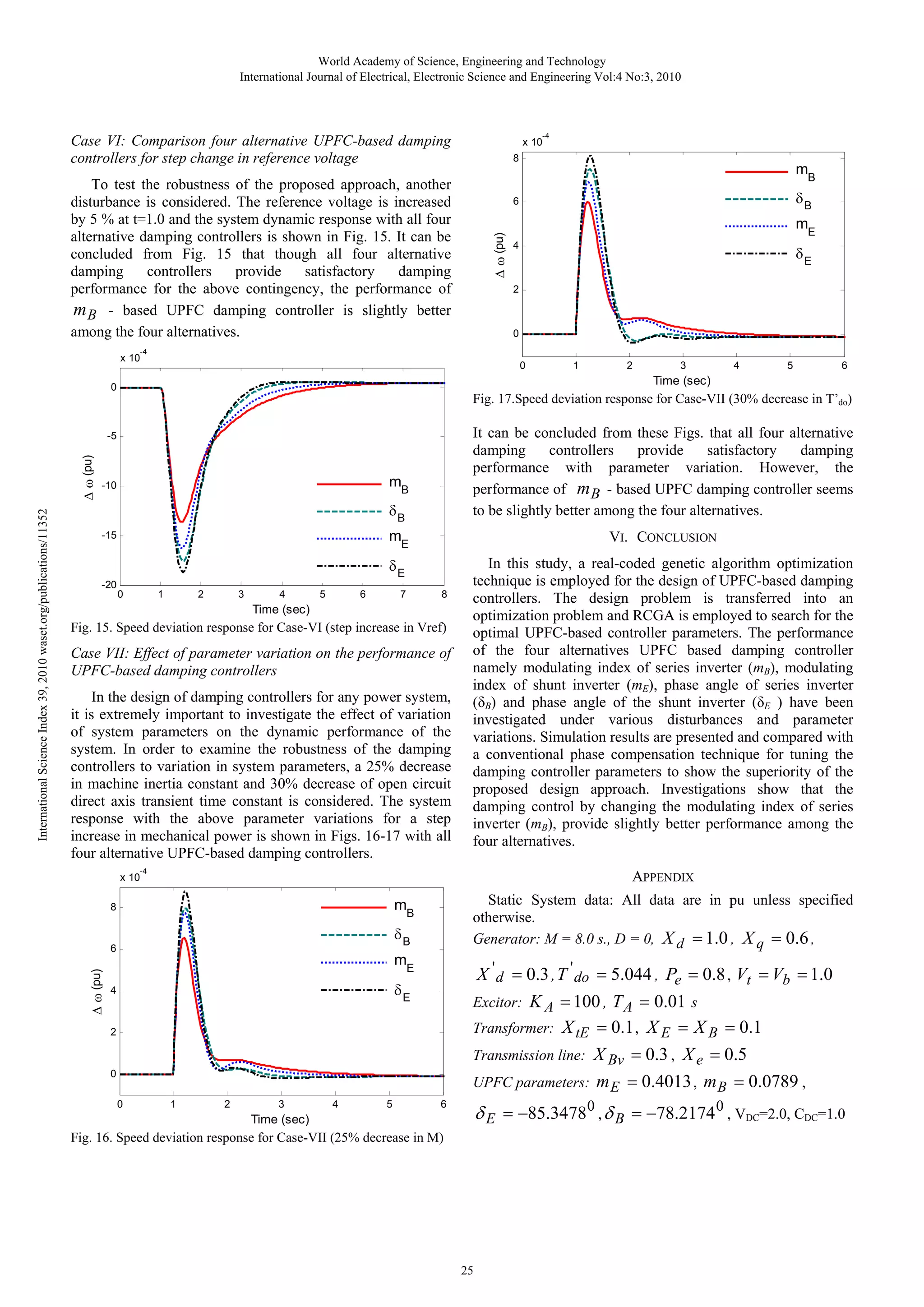 World Academy of Science, Engineering and Technology International Journal of Electrical, Electronic Science and Engineering Vol:4 No:3, 2010 -4 Case VI: Comparison four alternative UPFC-based damping controllers for step change in reference voltage x 10 8 To test the robustness of the proposed approach, another disturbance is considered. The reference voltage is increased by 5 % at t=1.0 and the system dynamic response with all four alternative damping controllers is shown in Fig. 15. It can be concluded from Fig. 15 that though all four alternative damping controllers provide satisfactory damping performance for the above contingency, the performance of m B - based UPFC damping controller is slightly better among the four alternatives. mB δB Δ ω (pu) 6 mE 4 δE 2 0 -4 x 10 0 2 3 4 5 6 Fig. 17.Speed deviation response for Case-VII (30% decrease in T’do) δB It can be concluded from these Figs. that all four alternative damping controllers provide satisfactory damping performance with parameter variation. However, the performance of m B - based UPFC damping controller seems to be slightly better among the four alternatives. mE VI. CONCLUSION δE In this study, a real-coded genetic algorithm optimization technique is employed for the design of UPFC-based damping controllers. The design problem is transferred into an optimization problem and RCGA is employed to search for the optimal UPFC-based controller parameters. The performance of the four alternatives UPFC based damping controller namely modulating index of series inverter (mB), modulating index of shunt inverter (mE), phase angle of series inverter (δB) and phase angle of the shunt inverter (δE ) have been investigated under various disturbances and parameter variations. Simulation results are presented and compared with a conventional phase compensation technique for tuning the damping controller parameters to show the superiority of the proposed design approach. Investigations show that the damping control by changing the modulating index of series inverter (mB), provide slightly better performance among the four alternatives. Δ ω (pu) -5 mB -10 -15 -20 0 1 2 3 4 5 6 7 8 Time (sec) Fig. 15. Speed deviation response for Case-VI (step increase in Vref) Case VII: Effect of parameter variation on the performance of UPFC-based damping controllers In the design of damping controllers for any power system, it is extremely important to investigate the effect of variation of system parameters on the dynamic performance of the system. In order to examine the robustness of the damping controllers to variation in system parameters, a 25% decrease in machine inertia constant and 30% decrease of open circuit direct axis transient time constant is considered. The system response with the above parameter variations for a step increase in mechanical power is shown in Figs. 16-17 with all four alternative UPFC-based damping controllers. APPENDIX -4 x 10 Static System data: All data are in pu unless specified otherwise. Generator: M = 8.0 s., D = 0, X d = 1.0 , X q = 0.6 , mB 8 δB 6 Δ ω (pu) International Science Index 39, 2010 waset.org/publications/11352 1 Time (sec) 0 mE X ' d = 0.3 , T ' do = 5.044 , Pe = 0.8 , Vt = Vb = 1.0 Excitor: K A = 100 , T A = 0.01 s Transformer: X tE = 0.1 , X E = X B = 0.1 Transmission line: X Bv = 0.3 , X e = 0.5 UPFC parameters: m E = 0.4013 , m B = 0.0789 , δE 4 2 0 0 1 2 3 4 5 δ E = −85.3478 0 , δ B = −78.2174 0 , VDC=2.0, CDC=1.0 6 Time (sec) Fig. 16. Speed deviation response for Case-VII (25% decrease in M) 25 
