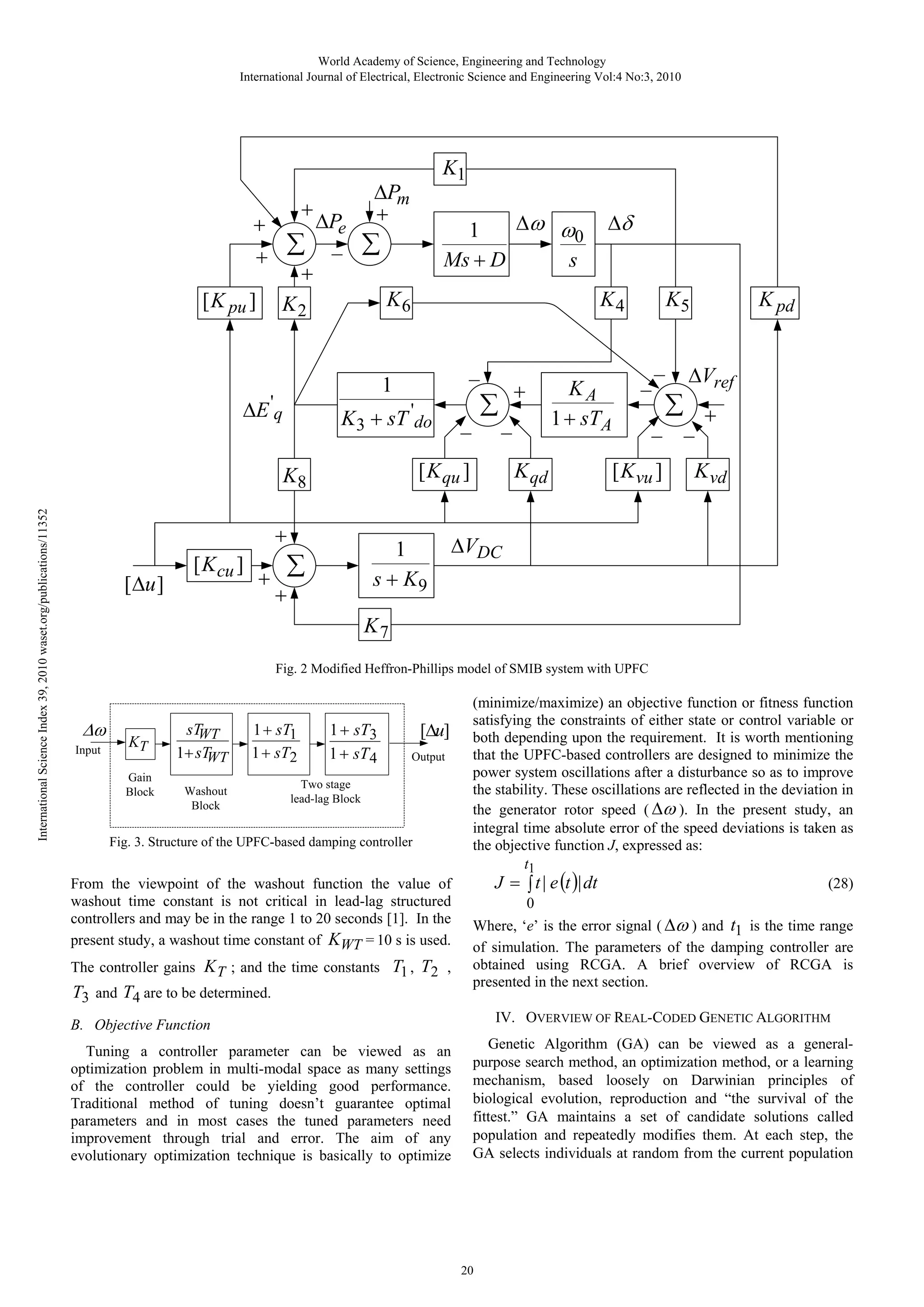 World Academy of Science, Engineering and Technology International Journal of Electrical, Electronic Science and Engineering Vol:4 No:3, 2010 + + ∑ + ΔPe _ K1 ΔPm + Δω ω 1 0 Ms + D s ∑ + [ K pu ] K6 K2 K4 _ 1 ΔE 'q K3 + sT 'do International Science Index 39, 2010 waset.org/publications/11352 [Δu ] [ K cu ] + ∑ _ + _ [ K qu ] K8 + 1 s + K9 ∑ + Δδ K qd KA 1 + sTA K5 _ _ _ [ K vu ] K pd ΔVref ∑ + _ K vd ΔVDC K7 Fig. 2 Modified Heffron-Phillips model of SMIB system with UPFC Δω Input KT Gain Block sT WT 1+ sT WT Washout Block 1 + sT1 1 + sT2 1 + sT3 1 + sT4 [Δu] Output Two stage lead-lag Block Fig. 3. Structure of the UPFC-based damping controller From the viewpoint of the washout function the value of washout time constant is not critical in lead-lag structured controllers and may be in the range 1 to 20 seconds [1]. In the present study, a washout time constant of KWT = 10 s is used. The controller gains K T ; and the time constants T1 , T2 , T3 and T4 are to be determined. (minimize/maximize) an objective function or fitness function satisfying the constraints of either state or control variable or both depending upon the requirement. It is worth mentioning that the UPFC-based controllers are designed to minimize the power system oscillations after a disturbance so as to improve the stability. These oscillations are reflected in the deviation in the generator rotor speed ( Δω ). In the present study, an integral time absolute error of the speed deviations is taken as the objective function J, expressed as: t1 (28) J = ∫ t | e (t )| dt 0 Where, ‘e’ is the error signal ( Δω ) and t1 is the time range of simulation. The parameters of the damping controller are obtained using RCGA. A brief overview of RCGA is presented in the next section. IV. OVERVIEW OF REAL-CODED GENETIC ALGORITHM B. Objective Function Tuning a controller parameter can be viewed as an optimization problem in multi-modal space as many settings of the controller could be yielding good performance. Traditional method of tuning doesn’t guarantee optimal parameters and in most cases the tuned parameters need improvement through trial and error. The aim of any evolutionary optimization technique is basically to optimize Genetic Algorithm (GA) can be viewed as a generalpurpose search method, an optimization method, or a learning mechanism, based loosely on Darwinian principles of biological evolution, reproduction and “the survival of the fittest.” GA maintains a set of candidate solutions called population and repeatedly modifies them. At each step, the GA selects individuals at random from the current population 20 