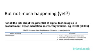 bristol.ac.uk
But not much happening (yet?)
For all the talk about the potential of digital technologies in
procurement, experimentation seems very limited - eg OECD (2019b)
 