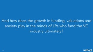 And how does the growth in funding, valuations and
anxiety play in the minds of LPs who fund the VC
industry ultimately?
23
 