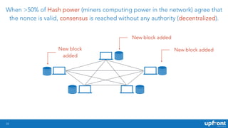 When >50% of Hash power (miners computing power in the network) agree that
the nonce is valid, consensus is reached withou...