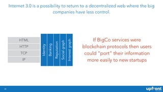 48
Internet 3.0 is a possibility to return to a decentralized web where the big
companies have less control.
If BigCo serv...