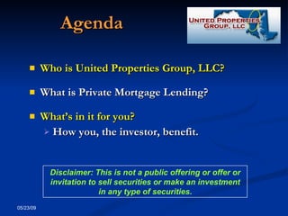   Agenda   ,[object Object],[object Object],[object Object],[object Object],06/10/09 Disclaimer: This is not a public offering or offer or invitation to sell securities or make an investment in any type of securities. 