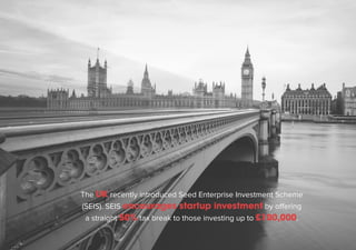 The UK recently introduced Seed Enterprise Investment Scheme 
(SEIS). SEIS encourages startup investment by offering 
a straight 50% tax break to those investing up to £100,000. 
 