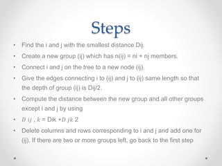 Steps
• Find the i and j with the smallest distance Dij.
• Create a new group (ij) which has n(ij) = ni + nj members.
• Connect i and j on the tree to a new node (ij).
• Give the edges connecting i to (ij) and j to (ij) same length so that
the depth of group (ij) is Dij/2.
• Compute the distance between the new group and all other groups
except i and j by using
• 𝐷 𝑖𝑗 , 𝑘 = Dik +𝐷 𝑗𝑘 2
• Delete columns and rows corresponding to i and j and add one for
(ij). If there are two or more groups left, go back to the ﬁrst step
 