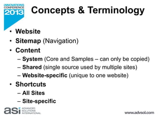 Concepts & Terminology 
• Website 
• Sitemap (Navigation) 
• Content 
– System (Core and Samples – can only be copied) 
– ...