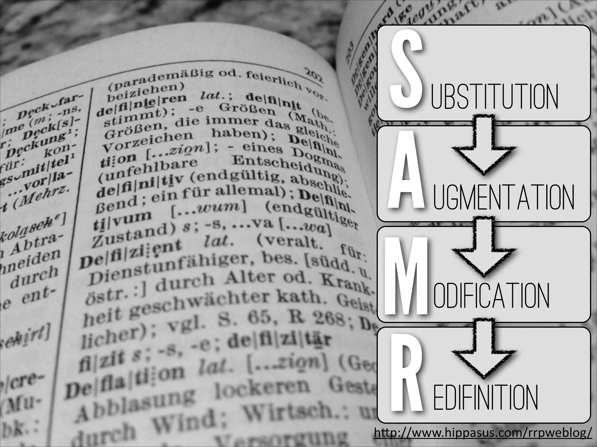 S
A
M
R
ubstitution
ugmentation
odification
edifinition
h"p://www.hippasus.com/rrpweblog/
 