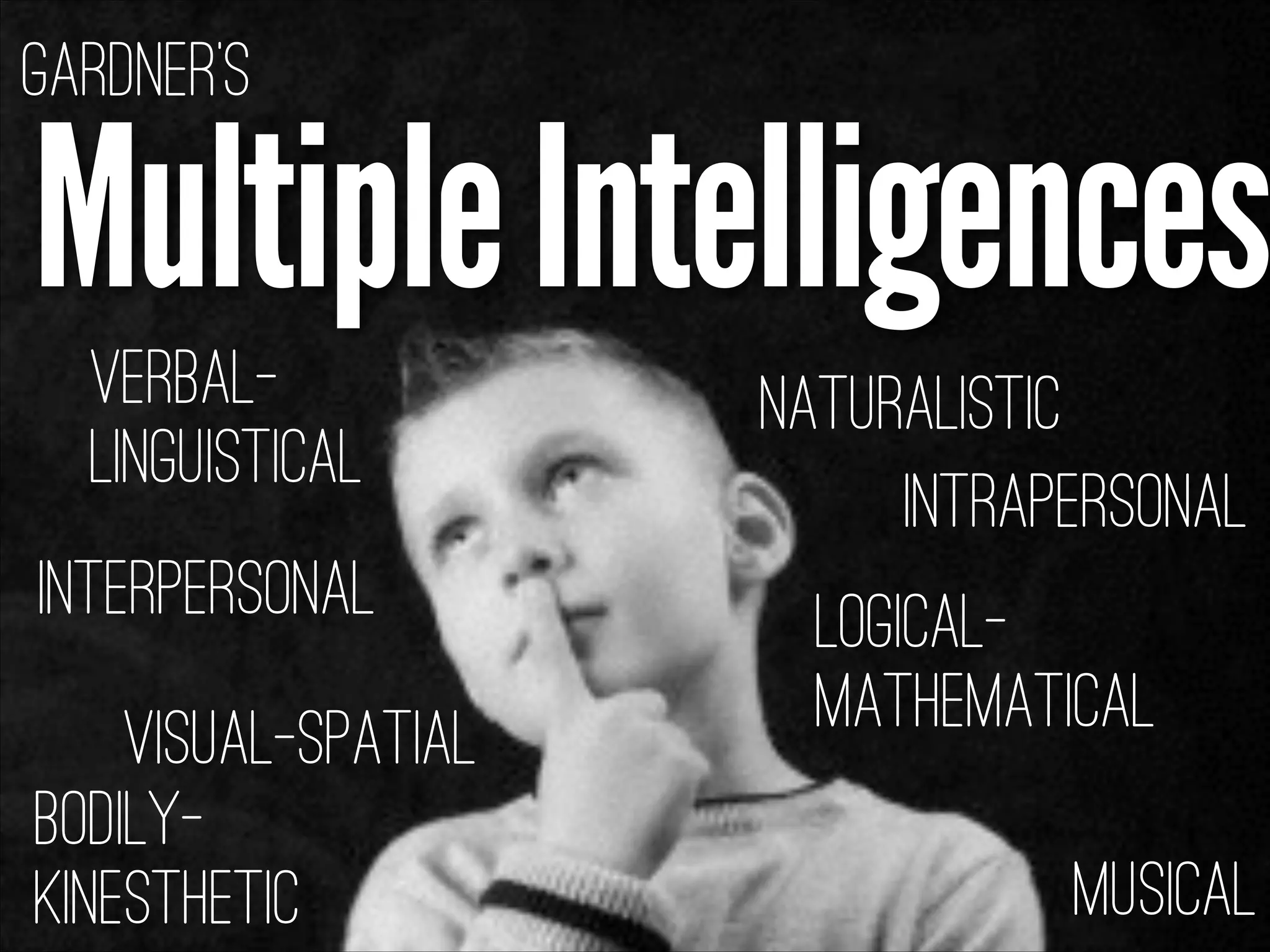 MultipleIntelligences
Gardner’s
Musical
Bodily-
Kinesthetic
Logical-
Mathematical
Interpersonal
Intrapersonal
Verbal-
Linguistical
Naturalistic
Visual-Spatial
 