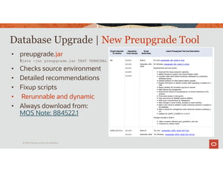 • preupgrade.jar
$java -jar preupgrade.jar TEXT TERMINAL
• Checks source environment
• Detailed recommendations
• Fixup scripts
• Rerunnable and dynamic
• Always download from:
MOS Note: 884522.1
Database Upgrade | New Preupgrade Tool
© 2019 Oracle and/or its affiliates
 