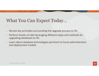 • Review key principles surrounding the upgrade process to 19c
• Perform hands-on labs leveraging different steps and methods for
upgrading databases to 19c
• Learn about database technologies pertinent to future administration
and deployment models
What You Can Expect Today…
© 2019 Oracle and/or its affiliates
 
