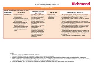 PLANEJAMENTO PARA O CURSO EJA

                                                                      UPGRADE VOLUME 1

UNIT 8: GLOBALIZATION: GOOD OR BAD?
                                                      METODOLOGIA DO
CONTEÚDO                OBJETIVOS                                                      AVALIAÇÃO                          ORIENTAÇÕES DIDÁTICAS
                                                         CAPÍTULO
Globalização    • Identificar adjetivos            • Trabalhar as p. 134 a 143,    • Debate sobre            • Ao iniciar a unidade, discuta com os alunos sobre as
                  relacionados às                    146 e 147 do livro – seguir     aspectos positivos e     questões da globalização: problemas e benefícios;
                  nacionalidades.                    orientações didáticas do        negativos da             chame a atenção dos alunos para o cartum.
                • Expressar opiniões sobre os        guia do professor.              globalização.           • Ao apresentar a seção Grammar in Use, use os slides
                  aspectos positivos e negativos   • Usar os slides referentes à                              referentes à unidade.
                  da globalização.                   unidade para apresentar                                 • Utilize o Reading como atividade em grupo, pedindo
                • Reconhecer a situação de           e/ou reforçar as estruturas                              aos alunos que marquem as palavras-chave do texto que
                  comparação de adjetivos em         gramaticais.                                             revelam o tema globalização.
                  graus de igualdade,              • Usar imagens diversas para                              • Explore o Picture Dictionary para vocabulário referente
                  inferioridade e superioridade.     trabalhar a ideia de                                     aos blocos econômicos no mundo, e o Apêndice para
                • Discutir características da        comparação.                                              aprofundar vocabulário referente a países e
                  profissão de professor de        • Incentivar a pesquisa sobre                              nacionalidades.
                  Inglês.                            os aspectos positivos e                                 • Na seção In the Job Market, proponha um trabalho de
                                                     negativos da globalização,                               entrevistas a outros professores de Inglês, para que os
                                                     trabalhando em conjunto                                  alunos investiguem os vários espaços de atuação desse
                                                     com os professores de                                    profissional.
                                                     Geografia / História /                                  • Omita as seções Language in Action e Writing.
                                                     Atualidades.




          DICAS:
           • Proponha o Language in Action como tarefa para casa.
           • Solicite o Additional Practice como tarefa para casa, a ser entregue como avaliação.
           • Explore o Apêndice e o Picture Dictionary da unidade, levando em consideração as atividades relacionadas a eles – ver orientações no guia didático.
           • Utilize as definições no Glossário (inglês/português) para apresentar o sentido das palavras essenciais da unidade bem como para revisá-las em exercícios
              do tipo match the words and its definitions ou write the words that complete these definitions.
           • Ao fim de cada aula, peça aos alunos que sublinhem no Glossário as palavras novas: para cada unidade, uma cor diferente.
 