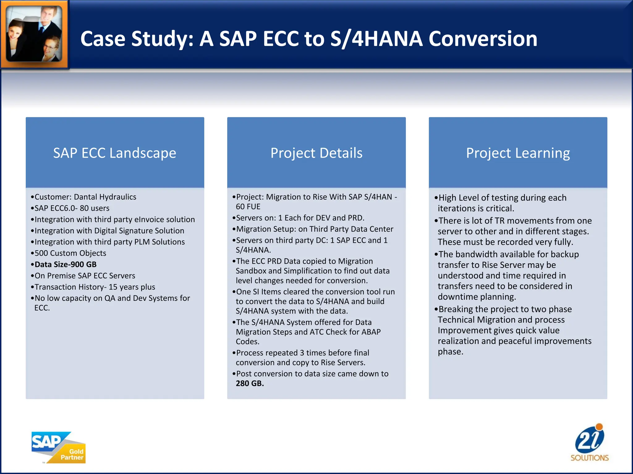 Case Study: A SAP ECC to S/4HANA Conversion
SAP ECC Landscape
•Customer: Dantal Hydraulics
•SAP ECC6.0- 80 users
•Integration with third party eInvoice solution
•Integration with Digital Signature Solution
•Integration with third party PLM Solutions
•500 Custom Objects
•Data Size-900 GB
•On Premise SAP ECC Servers
•Transaction History- 15 years plus
•No low capacity on QA and Dev Systems for
ECC.
Project Details
•Project: Migration to Rise With SAP S/4HAN -
60 FUE
•Servers on: 1 Each for DEV and PRD.
•Migration Setup: on Third Party Data Center
•Servers on third party DC: 1 SAP ECC and 1
S/4HANA.
•The ECC PRD Data copied to Migration
Sandbox and Simplification to find out data
level changes needed for conversion.
•One SI Items cleared the conversion tool run
to convert the data to S/4HANA and build
S/4HANA system with the data.
•The S/4HANA System offered for Data
Migration Steps and ATC Check for ABAP
Codes.
•Process repeated 3 times before final
conversion and copy to Rise Servers.
•Post conversion to data size came down to
280 GB.
Project Learning
•High Level of testing during each
iterations is critical.
•There is lot of TR movements from one
server to other and in different stages.
These must be recorded very fully.
•The bandwidth available for backup
transfer to Rise Server may be
understood and time required in
transfers need to be considered in
downtime planning.
•Breaking the project to two phase
Technical Migration and process
Improvement gives quick value
realization and peaceful improvements
phase.
 
