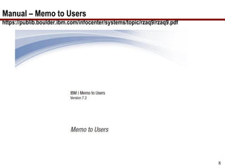 Copyright iTech Solutions
8
Manual – Memo to Users
https://publib.boulder.ibm.com/infocenter/systems/topic/rzaq9/rzaq9.pdf
 