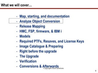 Copyright iTech Solutions
9
What we will cover…
• Map, starting, and documentation
• Analyze Object Conversion
• Release Mapping
• HMC, FSP, firmware, & IBM i
• Models
• Required PTFs, Resaves, and License Keys
• Image Catalogue & Preparing
• Right before the upgrade
• The Upgrade
• Verification
• Conversions & Afterwards
 