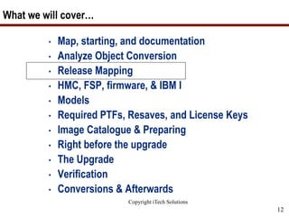 Copyright iTech Solutions
12
What we will cover…
• Map, starting, and documentation
• Analyze Object Conversion
• Release Mapping
• HMC, FSP, firmware, & IBM I
• Models
• Required PTFs, Resaves, and License Keys
• Image Catalogue & Preparing
• Right before the upgrade
• The Upgrade
• Verification
• Conversions & Afterwards
 