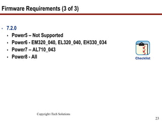 Copyright iTech Solutions
23
Firmware Requirements (3 of 3)
• 7.2.0
 Power5 – Not Supported
 Power6 - EM320_040, EL320_040, EH330_034
 Power7 – AL710_043
 Power8 - All
 