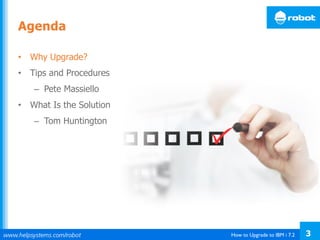 How to Upgrade to IBM i 7.2 3
•  Why Upgrade?
•  Tips and Procedures
–  Pete Massiello
•  What Is the Solution Edition?
–  Tom Huntington
Agenda
 