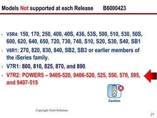 Copyright iTech Solutions
27
Models Not supported at each Release B6000423
• V5R4: 150, 170, 250, 400, 40S, 436, 53S, 500, 510, 530, 50S,
600, 620, 640, 650, 720, 730, 740, S10, S20, S30, S40, SB1
• V6R1: 270, 820, 830, 840, SB2, SB3 or earlier members of
the iSeries family.
• V7R1: 800, 810, 825, 870, and 890.
• V7R2: POWER5 – 9405-520, 9406-520, 525, 550, 570, 595,
and 9407-515
 