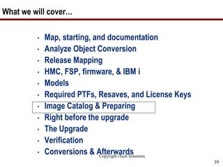 Copyright iTech Solutions
39
What we will cover…
• Map, starting, and documentation
• Analyze Object Conversion
• Release Mapping
• HMC, FSP, firmware, & IBM i
• Models
• Required PTFs, Resaves, and License Keys
• Image Catalog & Preparing
• Right before the upgrade
• The Upgrade
• Verification
• Conversions & Afterwards
 