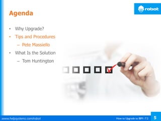 How to Upgrade to IBM i 7.2 5
•  Why Upgrade?
•  Tips and Procedures
–  Pete Massiello
•  What Is the Solution Edition?
–  Tom Huntington
Agenda
 