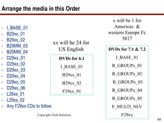 Copyright iTech Solutions
48
Arrange the media in this Order
• I_BASE_01
• B29xx_01
• B29xx_02
• B29MM_03
• B29MM_04
• D29xx_01
• D29xx_02
• D29xx_03
• D29xx_04
• D29xx_05
• D29xx_06
• L29xx_01
• L29xx_02
• Any F29xx CDs to follow
xx will be 24 for
US English DVDs for 7.1 & 7.2
I_BASE_01
B_GROUPx_01
B_GROUPx_02
B_GROUPx_03
B_GROUPx_04
B_GROUPx_05
F_MULTI_NLV
F29xx
DVDs for 6.1
I_BASE_01
B29xx_01
B29xx_02
F29xx_01
x will be 1 for
Americas &
western Europe f/c
5817
 