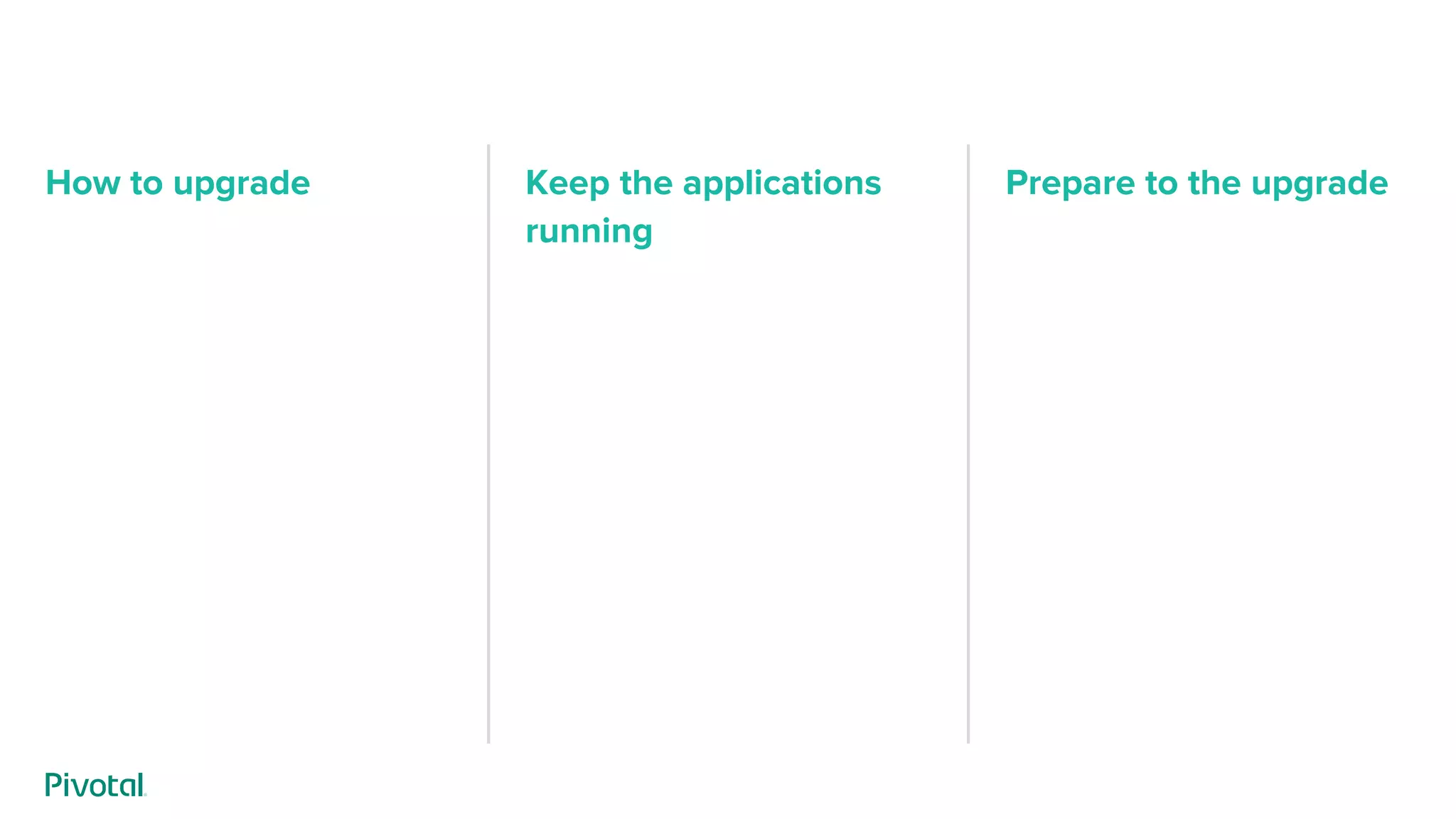 How to upgrade Keep the applications
running
Prepare to the upgrade
 