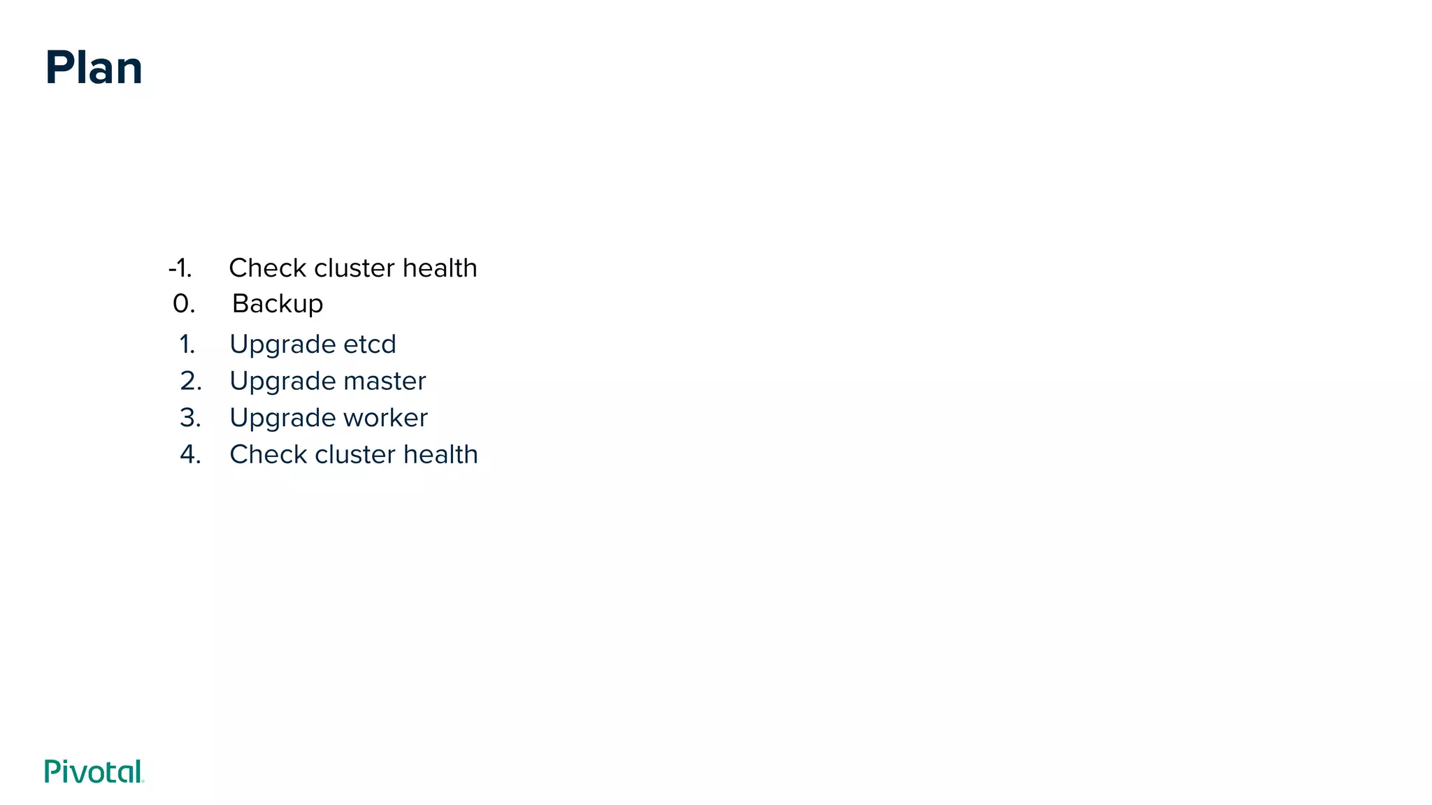 Plan
1. Upgrade etcd
2. Upgrade master
3. Upgrade worker
4. Check cluster health
0. Backup
-1. Check cluster health
 