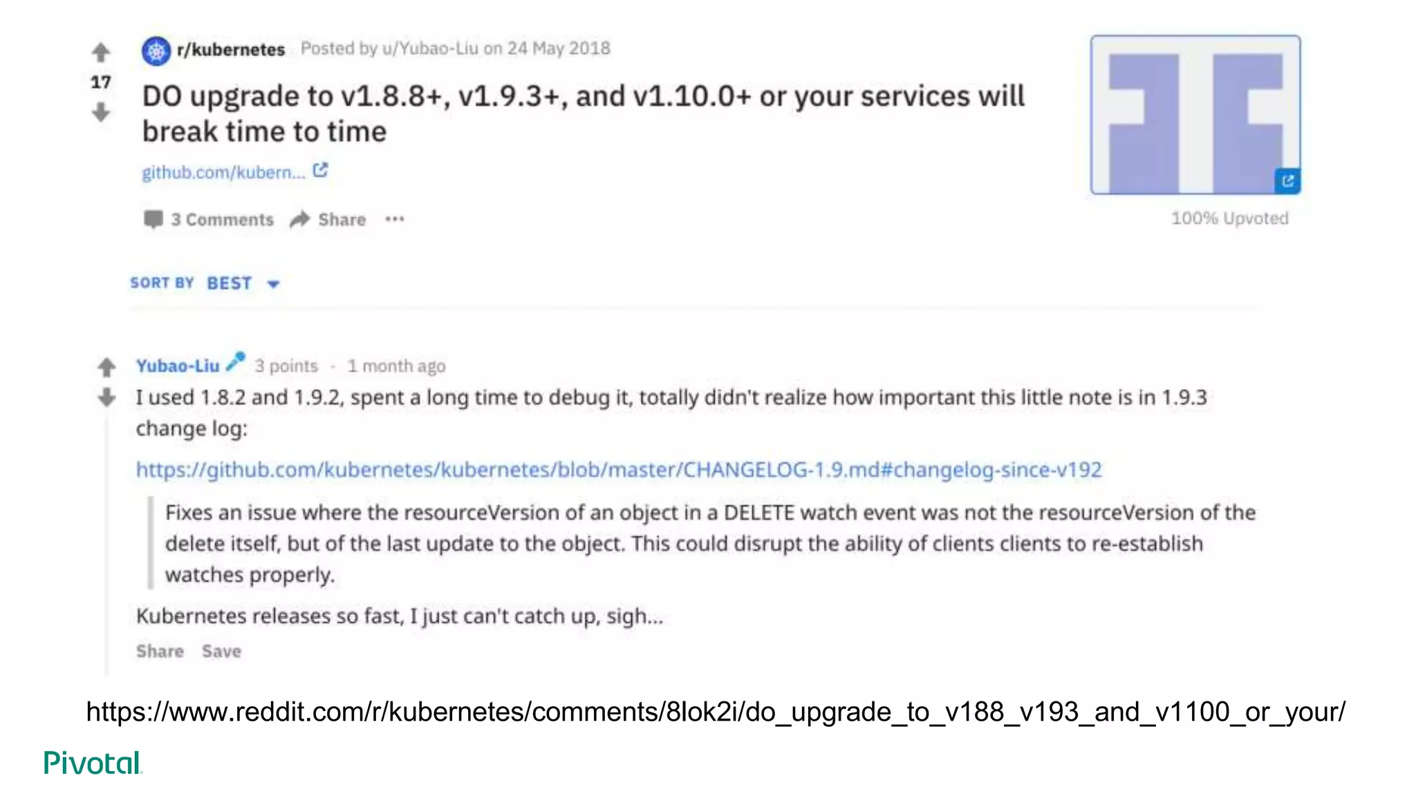 https://www.reddit.com/r/kubernetes/comments/8lok2i/do_upgrade_to_v188_v193_and_v1100_or_your/
 