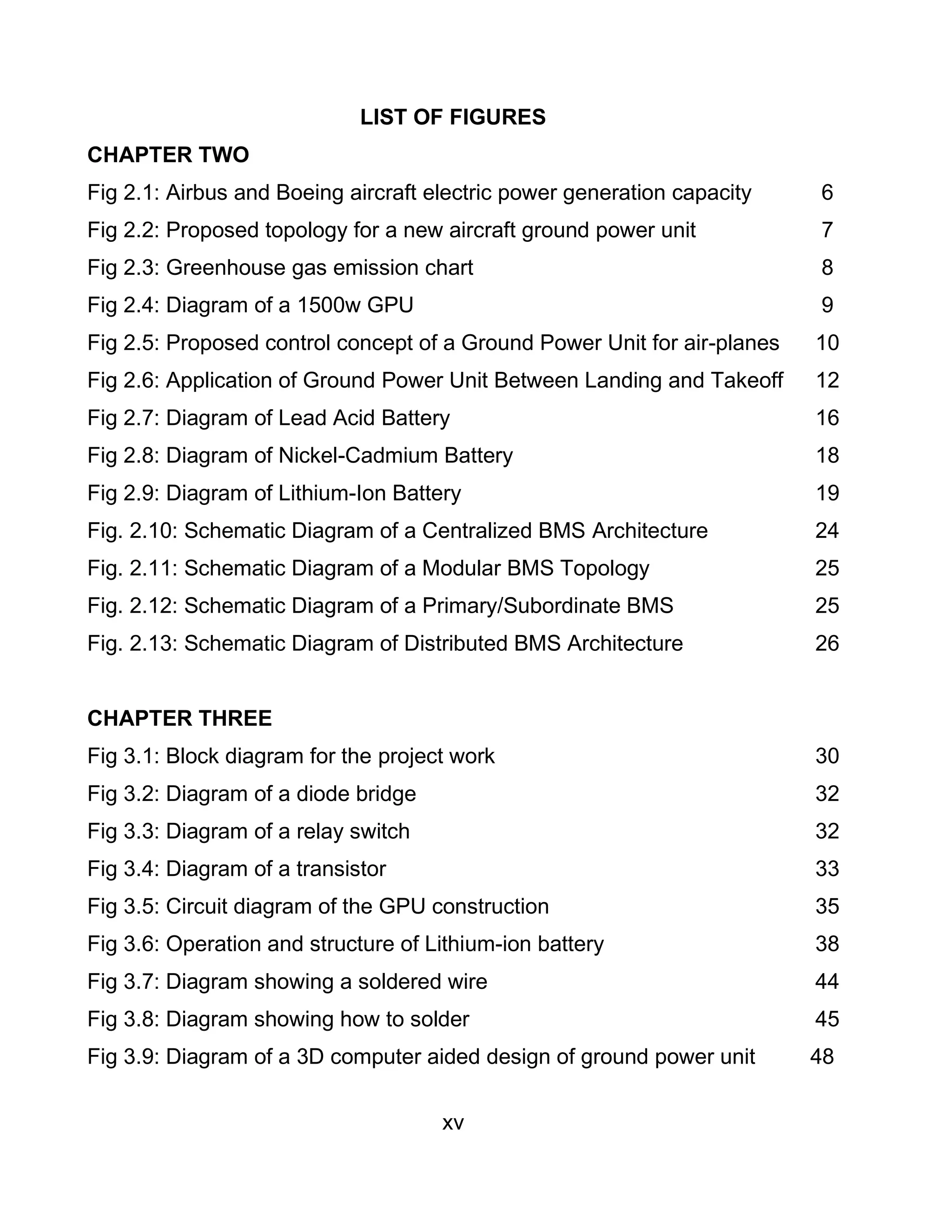 xv
LIST OF FIGURES
CHAPTER TWO
Fig 2.1: Airbus and Boeing aircraft electric power generation capacity 6
Fig 2.2: Proposed topology for a new aircraft ground power unit 7
Fig 2.3: Greenhouse gas emission chart 8
Fig 2.4: Diagram of a 1500w GPU 9
Fig 2.5: Proposed control concept of a Ground Power Unit for air-planes 10
Fig 2.6: Application of Ground Power Unit Between Landing and Takeoff 12
Fig 2.7: Diagram of Lead Acid Battery 16
Fig 2.8: Diagram of Nickel-Cadmium Battery 18
Fig 2.9: Diagram of Lithium-Ion Battery 19
Fig. 2.10: Schematic Diagram of a Centralized BMS Architecture 24
Fig. 2.11: Schematic Diagram of a Modular BMS Topology 25
Fig. 2.12: Schematic Diagram of a Primary/Subordinate BMS 25
Fig. 2.13: Schematic Diagram of Distributed BMS Architecture 26
CHAPTER THREE
Fig 3.1: Block diagram for the project work 30
Fig 3.2: Diagram of a diode bridge 32
Fig 3.3: Diagram of a relay switch 32
Fig 3.4: Diagram of a transistor 33
Fig 3.5: Circuit diagram of the GPU construction 35
Fig 3.6: Operation and structure of Lithium-ion battery 38
Fig 3.7: Diagram showing a soldered wire 44
Fig 3.8: Diagram showing how to solder 45
Fig 3.9: Diagram of a 3D computer aided design of ground power unit 48
 