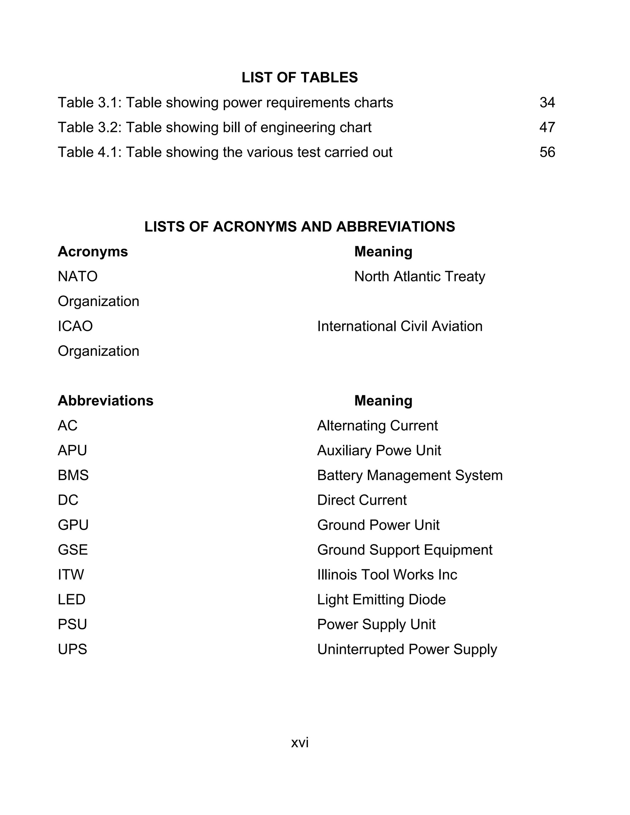 xvi
LIST OF TABLES
Table 3.1: Table showing power requirements charts 34
Table 3.2: Table showing bill of engineering chart 47
Table 4.1: Table showing the various test carried out 56
LISTS OF ACRONYMS AND ABBREVIATIONS
Acronyms Meaning
NATO North Atlantic Treaty
Organization
ICAO International Civil Aviation
Organization
Abbreviations Meaning
AC Alternating Current
APU Auxiliary Powe Unit
BMS Battery Management System
DC Direct Current
GPU Ground Power Unit
GSE Ground Support Equipment
ITW Illinois Tool Works Inc
LED Light Emitting Diode
PSU Power Supply Unit
UPS Uninterrupted Power Supply
 