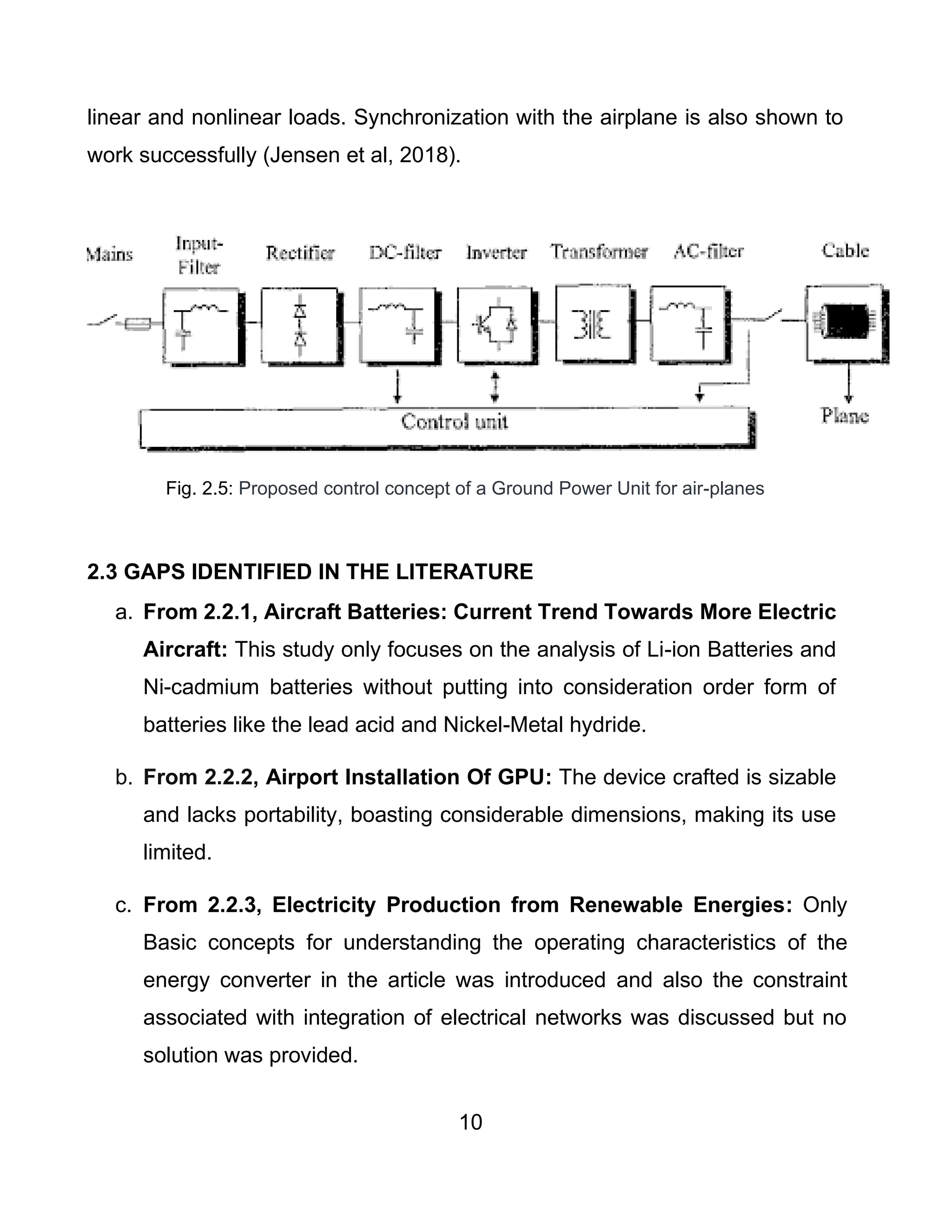 10
linear and nonlinear loads. Synchronization with the airplane is also shown to
work successfully (Jensen et al, 2018).
Fig. 2.5: Proposed control concept of a Ground Power Unit for air-planes
2.3 GAPS IDENTIFIED IN THE LITERATURE
a. From 2.2.1, Aircraft Batteries: Current Trend Towards More Electric
Aircraft: This study only focuses on the analysis of Li-ion Batteries and
Ni-cadmium batteries without putting into consideration order form of
batteries like the lead acid and Nickel-Metal hydride.
b. From 2.2.2, Airport Installation Of GPU: The device crafted is sizable
and lacks portability, boasting considerable dimensions, making its use
limited.
c. From 2.2.3, Electricity Production from Renewable Energies: Only
Basic concepts for understanding the operating characteristics of the
energy converter in the article was introduced and also the constraint
associated with integration of electrical networks was discussed but no
solution was provided.
 