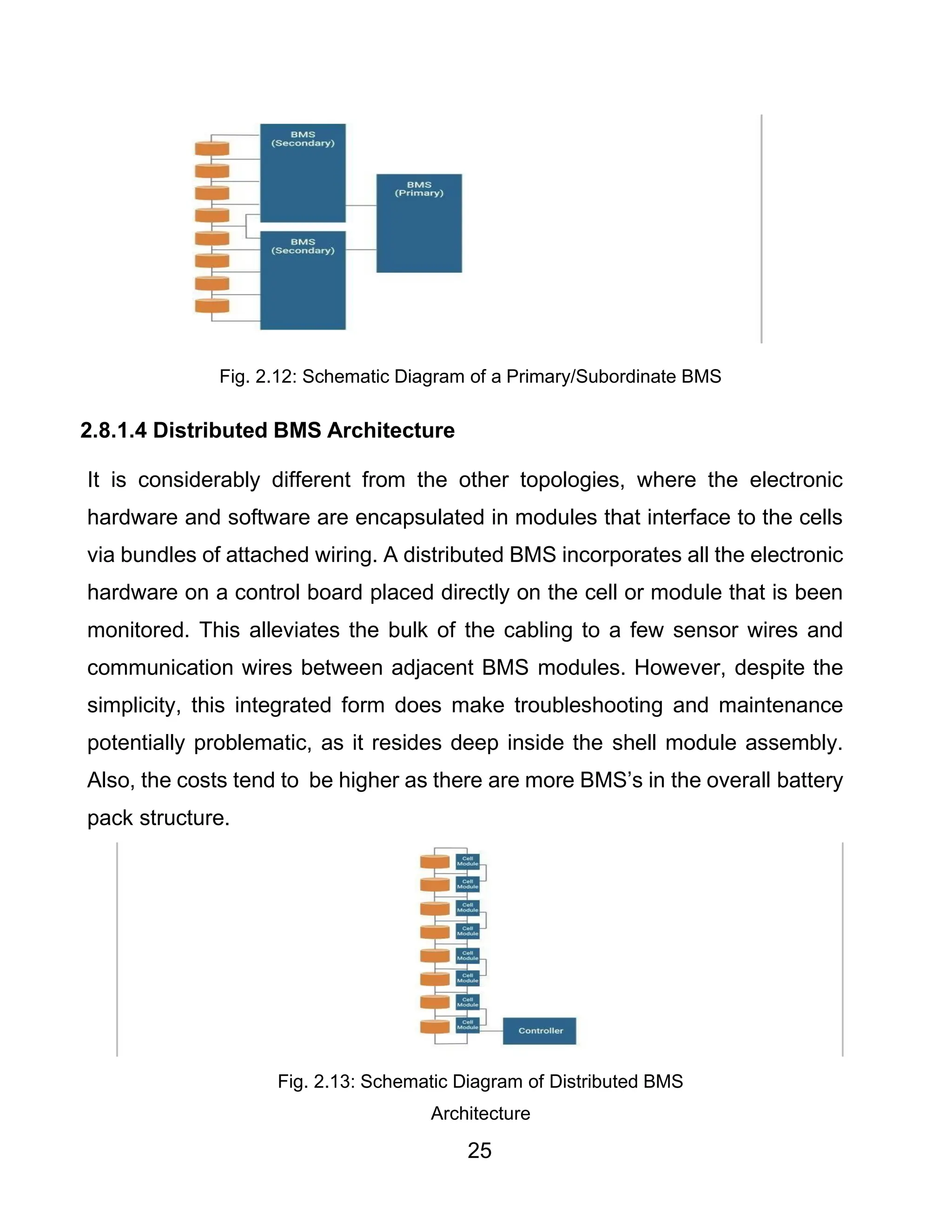 25
Fig. 2.12: Schematic Diagram of a Primary/Subordinate BMS
2.8.1.4 Distributed BMS Architecture
It is considerably different from the other topologies, where the electronic
hardware and software are encapsulated in modules that interface to the cells
via bundles of attached wiring. A distributed BMS incorporates all the electronic
hardware on a control board placed directly on the cell or module that is been
monitored. This alleviates the bulk of the cabling to a few sensor wires and
communication wires between adjacent BMS modules. However, despite the
simplicity, this integrated form does make troubleshooting and maintenance
potentially problematic, as it resides deep inside the shell module assembly.
Also, the costs tend to be higher as there are more BMS’s in the overall battery
pack structure.
Fig. 2.13: Schematic Diagram of Distributed BMS
Architecture
 