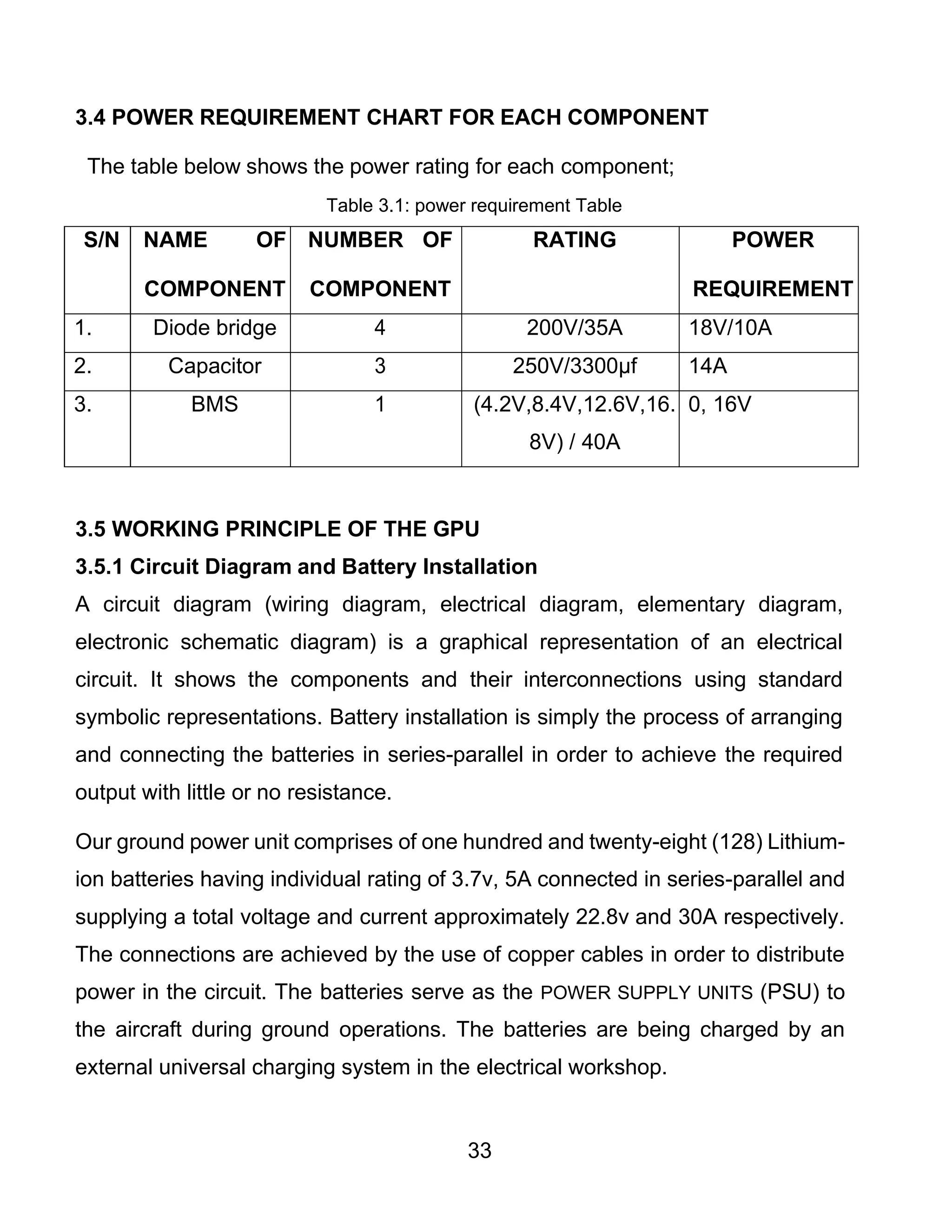 33
3.4 POWER REQUIREMENT CHART FOR EACH COMPONENT
The table below shows the power rating for each component;
Table 3.1: power requirement Table
S/N NAME OF
COMPONENT
NUMBER OF
COMPONENT
RATING POWER
REQUIREMENT
1. Diode bridge 4 200V/35A 18V/10A
2. Capacitor 3 250V/3300µf 14A
3. BMS 1 (4.2V,8.4V,12.6V,16.
8V) / 40A
0, 16V
3.5 WORKING PRINCIPLE OF THE GPU
3.5.1 Circuit Diagram and Battery Installation
A circuit diagram (wiring diagram, electrical diagram, elementary diagram,
electronic schematic diagram) is a graphical representation of an electrical
circuit. It shows the components and their interconnections using standard
symbolic representations. Battery installation is simply the process of arranging
and connecting the batteries in series-parallel in order to achieve the required
output with little or no resistance.
Our ground power unit comprises of one hundred and twenty-eight (128) Lithium-
ion batteries having individual rating of 3.7v, 5A connected in series-parallel and
supplying a total voltage and current approximately 22.8v and 30A respectively.
The connections are achieved by the use of copper cables in order to distribute
power in the circuit. The batteries serve as the POWER SUPPLY UNITS (PSU) to
the aircraft during ground operations. The batteries are being charged by an
external universal charging system in the electrical workshop.
 