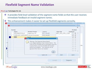 Flexfield Segment Name Validation  It provides field-level validation of the segment name fields so that the user receives immediate feedback on invalid segment names.  This enhancement makes it easier to set up Flexfield segments correctly.  