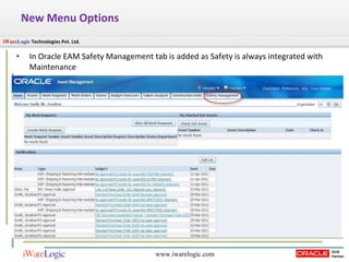 New Menu Options  In Oracle EAM Safety Management tab is added as Safety is always integrated with Maintenance 
