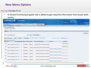New Menu Options  In Oracle Purchasing Supplier tab is added to get required information from buyer work centre. 