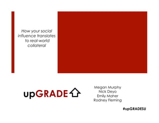 How your social
influence translates
     to real-world
      collateral




                       Megan Murphy

  upGRADE⇧                Nick Deyo
                         Emily Maher
                       Rodney Fleming

                                        #upGRADESU
 