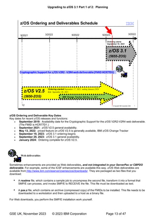 Upgrading to z/OS 3.1 Part 1 of 2: Planning
GSE UK, November 2023 © 2023 IBM Corporation Page 13 of 47
z/OS Ordering and Deliverable Key Dates
Key dates for recent z/OS releases and functions:
• September 2019: Availability date for the Cryptographic Support for the z/OS V2R2-V2R4 web deliverable.
(The FMID is HCR77D1.)
• September 2021: z/OS V2.5 general availability.
• May 13, 2022: priced feature on z/OS V2.5 is generally available, IBM z/OS Change Tracker
• September 19, 2023: z/OS 3.1 ordering begins
• September 29, 2023: z/OS 3.1 general availability.
• January 2024: Ordering complete for z/OS V2.5.
Web deliverables
Sometimes enhancements are provided as Web deliverables, and not integrated in your ServerPac or CBPDO
deliverable. For example, some of the ICSF enhancements are available this way. z/OS Web deliverables are
available from http://www.ibm.com/eserver/zseries/zos/downloads/. They are packaged as two files that you
download:
 A readme file, which contains a sample job to uncompress the second file, transform it into a format that
SMP/E can process, and invoke SMP/E to RECEIVE the file. This file must be downloaded as text.
 A pax.z file, which contains an archive (compressed copy) of the FMIDs to be installed. This file needs to be
downloaded to a workstation and then uploaded to a host as a binary file.
For Web downloads, you perform the SMP/E installation work yourself.
 