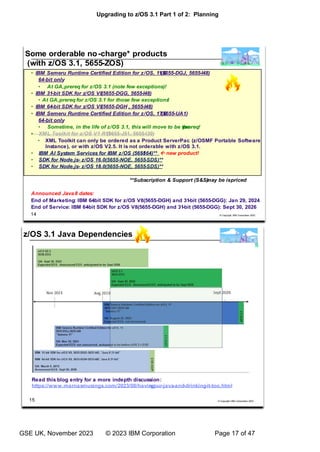Upgrading to z/OS 3.1 Part 1 of 2: Planning
GSE UK, November 2023 © 2023 IBM Corporation Page 17 of 47
 