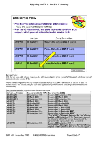 Upgrading to z/OS 3.1 Part 1 of 2: Planning
GSE UK, November 2023 © 2023 IBM Corporation Page 20 of 47
Service Policy
With the two-year z/OS release frequency, the z/OS support policy is five years of z/OS support, with three years of
optional extended service (5+3).
Prior to withdrawing service for any version or release of z/OS or z/OSMF, IBM intends to provide at least 12
months notice. The service policy for z/OS also applies to any enhancements (including but not limited to web
deliverables).
See the table below for expiration dates for service support.
Version and release General availability (GA) End of service (EOS)
OS/390 V2R8 24 September 1999 Occurred 30 September 2002
OS/390 V2R9 31 March 2000 Occurred 31 March 2003
OS/390 V2R10 29 September 2000 Occurred 30 September 2004
z/OS V1R1 30 March 2001 Occurred 31 March 2004
z/OS V1R2 26 October 2001 Occurred 31 October 2004
z/OS V1R3 29 March 2002 Occurred 31 March 2005
z/OS V1R4 27 September 2002 Occurred on 31 March 2007
z/OS V1R5 26 March 2004 Occurred on 31 March 2007
z/OS V1R6 24 September 2004 Occurred on 30 September 2007
z/OS V1R7 30 September 2005 Occurred on 30 September 2008 *
“ ”
expired on 30 September 2010. If you require support
for defects for z/OS V1R7 beyond September 2010,
contact an IBM representative for a special bid.
z/OS V1R8 29 September 2006 Occurred 30 September 2009 *
“ ”
expired on 30 September 2011. If you require support
 
